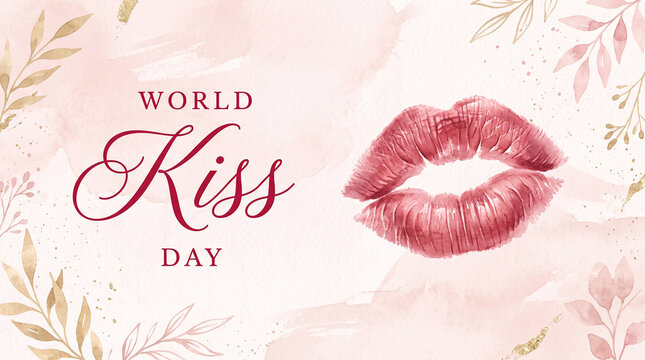 World Kiss Day romantic design with lipstick print on soft pink watercolor background featuring elegant typography and floral accents symbolizing love affection celebration  generative ai