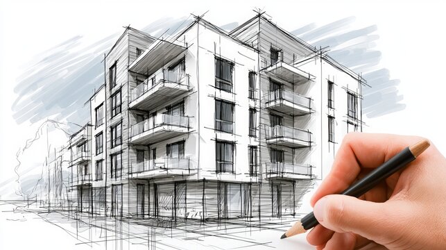 Sketch of modern multi-story building with hand-drawn artist holding pen over design