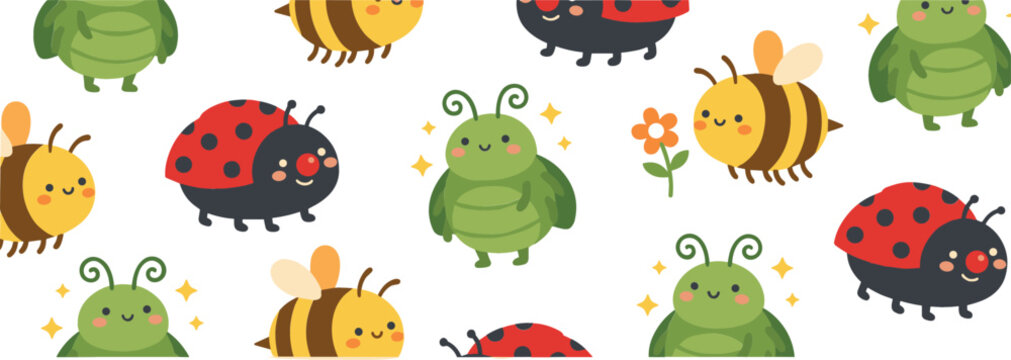 Cute insects seamless pattern vector illustration featuring adorable cartoon honey bees ladybugs and green beetles scattered on a clean white background