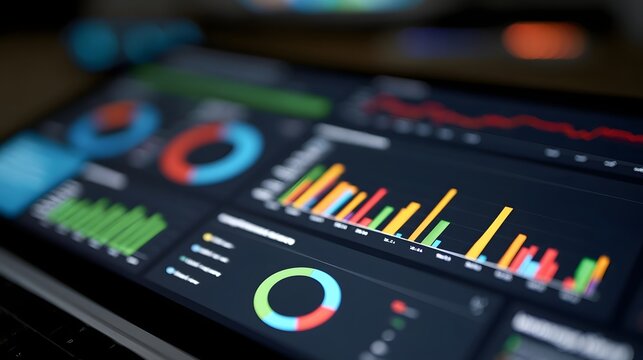 A close up view of a digital screen showing colorful charts and graphs for data analysis and business performance tracking