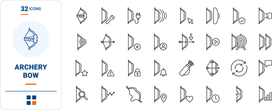 Archery Bow Web Icon Set in Linear Style. Collection of Shooting Equipment line icons, including check mark, target mark, arrow, quiver, gear, shield, repair and more.