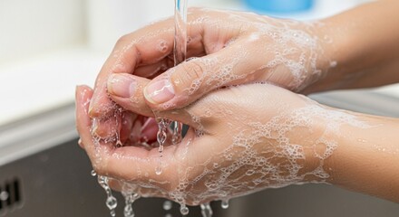 Fototapeta premium Washing Hands with Soap and Water, Close-up of Bubbles and Running Water