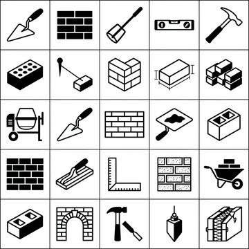 Construction tools and masonry materials are depicted in a collection of black and white icons.