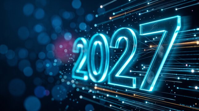 Edge lit 2027 numerals rushing forward with speed blur through streaming data light trails and deep blue bokeh with one sharp leading face, representing modern digital technology new year concept
