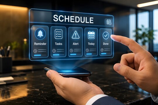 Businessman using a smartphone to interact with a futuristic holographic digital schedule interface in an office setting