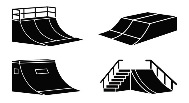 Vector illustration of set of various skate park ramps and obstacles for skateboarding on a transparent background