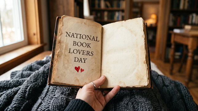 National Book Lovers Day concept with open vintage book held in cozy reading nook celebrating literature relaxation and passion for stories and written words  generative ai