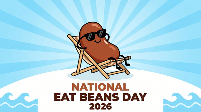 National Eat Beans Day 2026 cartoon illustration featuring smiling bean character relaxing on beach chair with sunglasses promoting healthy eating and fun celebration  generative ai