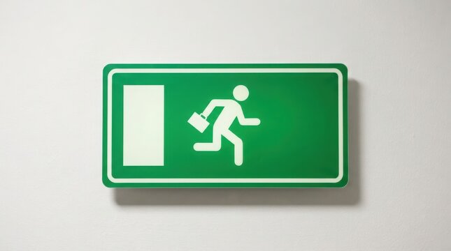 Green exit sign with running person and briefcase icon