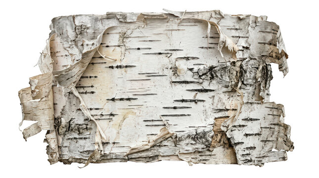 Natural white birch tree bark texture with rough edges on display isolated on transparent background