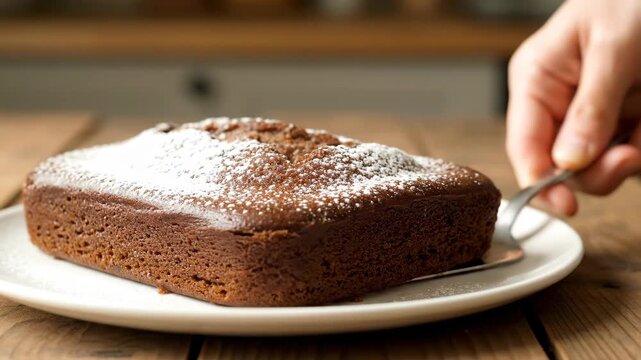 Powdered chocolate cake, powdered and sliced chocolate cake