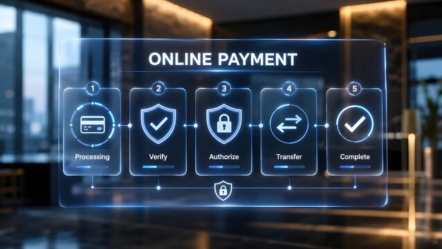 Digital interface showing a secure online payment process with icons for credit card security and transaction verification