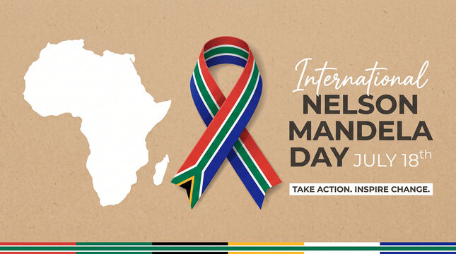 International Nelson Mandela Day July 18 design with South African flag ribbon Africa map and motivational text promoting equality freedom and global humanitarian action  generative ai