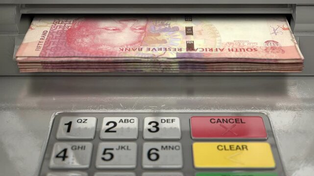Cash withdrawal from ATM machine with hand taking south african rand banknotes from automated teller in 4K Ultra HD footage
