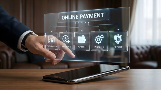 Businessman interacting with a digital holographic interface for secure online payment processing in a modern office setting