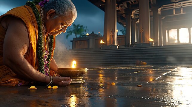 Buddhist Monk Praying With Oil Lamp At Temple At Dusk