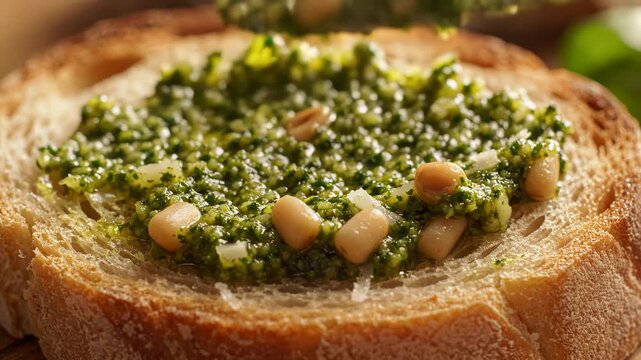 Close-up of pesto with pine nuts being spread onto rustic artisan bread slice
