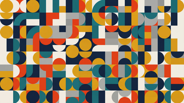 Abstract geometric pattern with colorful circles semicircles and rectangles in blue orange yellow and gray tones forming modern artistic mosaic design symbolizing creativity  generative ai