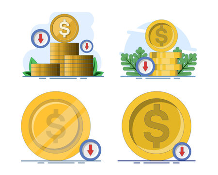 Modern flat cartoon vector illustration set featuring falling coins, lower rates, payments, banking, earnings, gold, loans, income, savings, currency exchange and financial decline concepts.