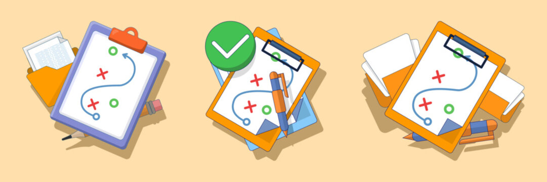 flat vector illustration set featuring strategic planning, business tactics, project analysis, goal setting, action plans, workflow organization, clipboard tasks and achievement strategy concepts.