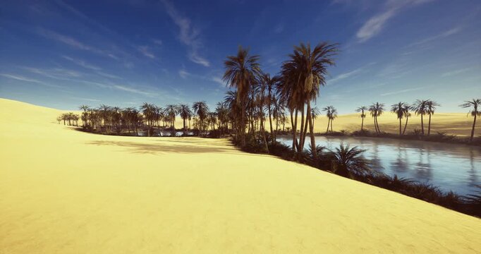 sunlit river oasis with palms lining channel and sandy banks, clear water flowing under vivid sky, field scientist survey atmosphere and conservation story