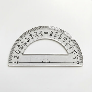 A clear plastic protractor sits against a plain white background for geometric measurement.