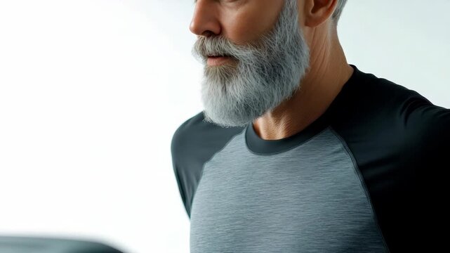 Man with salt and pepper beard in grey top.