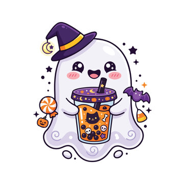 Halloween Food Character Sticker kawaii ghost drinking boba tea with witch hat illustration