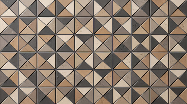 Geometric tile pattern with alternating beige brown tan and dark gray triangles forming symmetrical mosaic design symbolizing modern architecture texture and visual harmony  generative ai