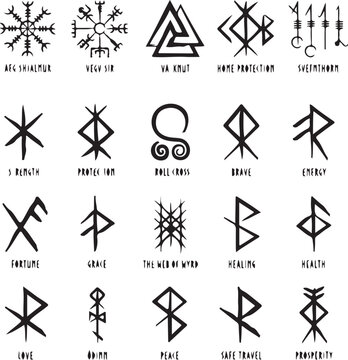 Grid of twenty black‑and‑white runic and symbolic designs labeled with meanings such as protection, health, love, and prosperity &mdash; inspired by Norse and mystical traditions