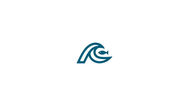 Minimalist blue graphic icon featuring a stylized ocean wave form with a small swimming fish with displays clean graphic solid white background