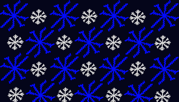 Seamless geometric winter background with displays repeating pattern alternating blue jagged star shapes simple white snowflakes set against solid dark blue background