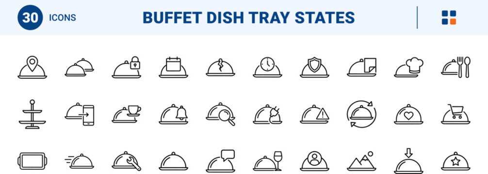 Serving Platter Web Icon Set in Linear Style. Collection of Catering Tray line icons, including check mark, security, settings, timer, search, dome cover, download, broken tray and more.