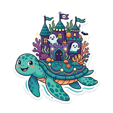 Halloween Food Character Sticker kawaii turtle carrying spooky haunted castle underwater for celebration