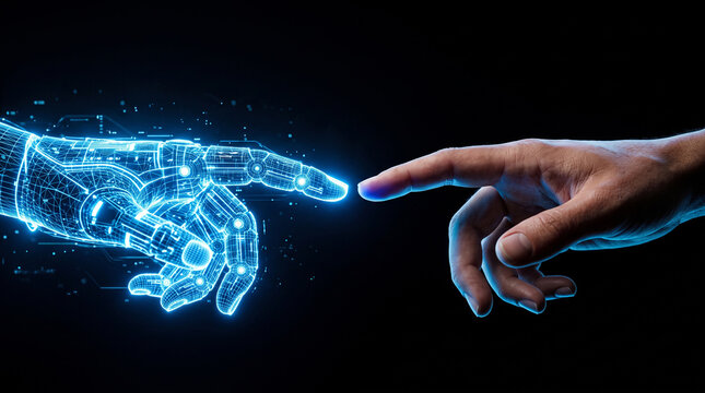 Human hand reaching toward glowing digital robotic hand on dark background symbolizing connection between technology and humanity artificial intelligence and innovation  generative ai