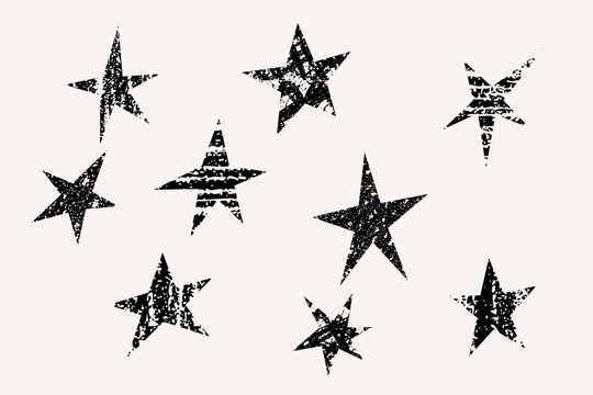 Distressed black stars create grunge texture set with nine rough vintage shapes