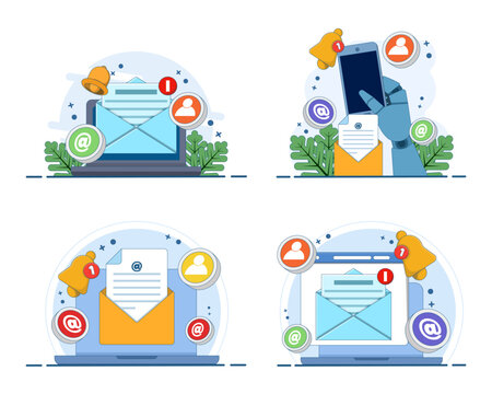 Email notification illustration set featuring device screens, unread messages, digital marketing, email campaigns, notification alerts, message reminders, inbox communication, and online promotion.