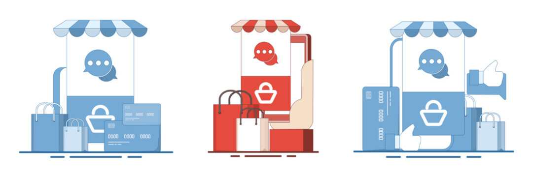 Modern flat vector illustration set showing direct messaging for business, social selling, online shopping, product promotion, customer chats, social commerce and digital marketing communication.