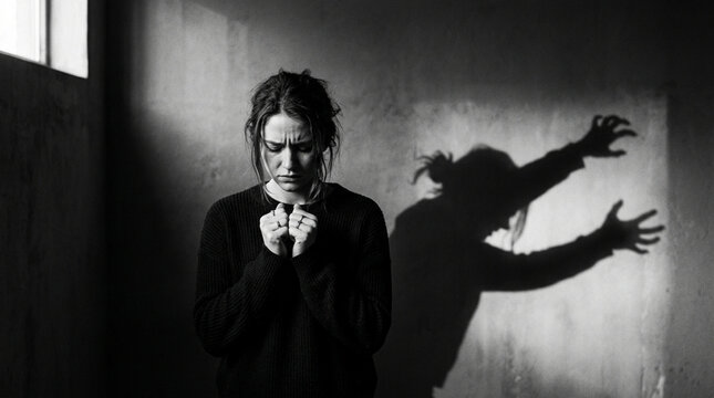 Overwhelmed woman shadowed by fear, mental health, anxiety, depression concept