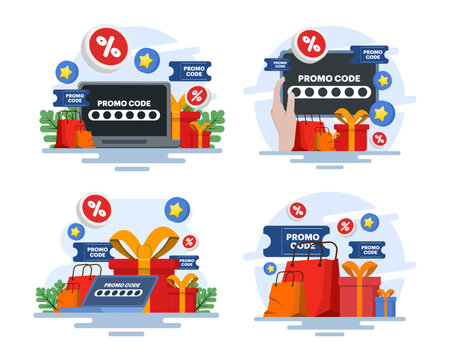Online shopping promotion illustration set featuring checkout promo codes, discount vouchers, gift cards, bonus rewards, special offers, coupon redemption, and digital marketing campaigns.