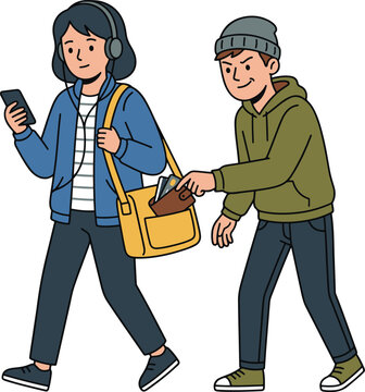 Illustration of a woman walking while a man secretly reaches into her handbag, depicting pickpocketing, theft, personal security, and street crime awareness.
