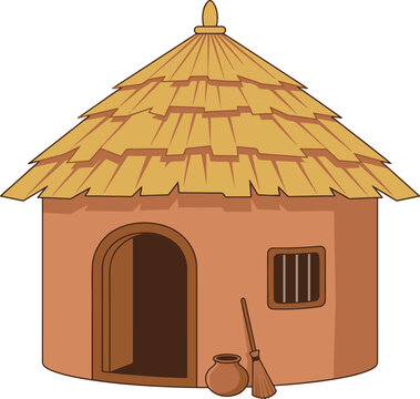 A simple vector illustration of a traditional round mud hut with a thatched roof, wooden door, window, and surrounding greenery. Ideal for rural, village, culture, architecture, and educational design