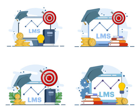 LMS education illustration set featuring learning management systems, online courses, digital training, educational technology, knowledge platforms, skill development, and qualification programs.