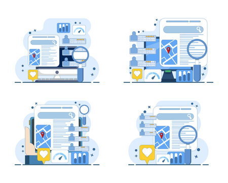 Local SEO illustration set showing businesses ranking in search results, map location targeting, customer ratings, search listings, location pins, reviews, and online visibility icons.