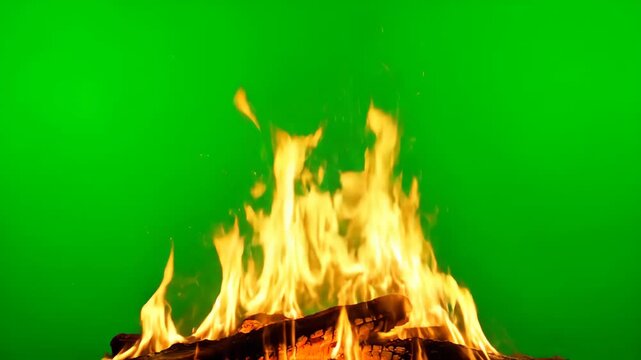 Fire materials burning in front of the green screen, fire burning materials on the green screen