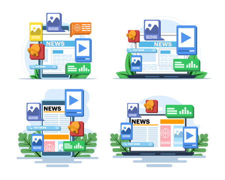 Online news illustration set featuring mobile news apps, digital articles, web headlines, media platforms, internet newspapers, newsletter updates and modern online journalism concepts.