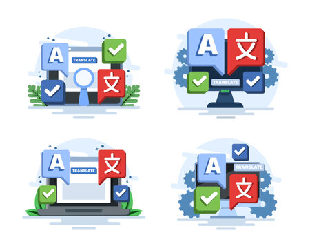 Language translation illustration set featuring online translator apps, multilingual communication, tablet interfaces, language conversion, digital translation tools, and exchanging information.