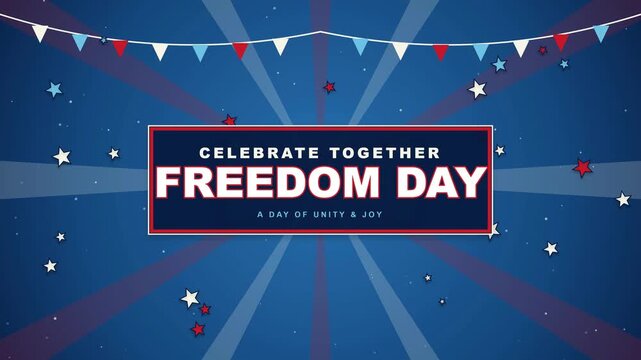 Freedom Day banner with festive stars and bunting on blue background
