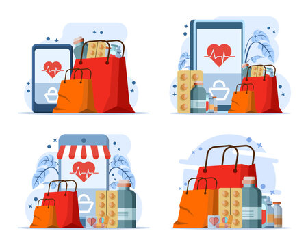Pharmacy e-commerce illustration set showing online medicine purchases, healthcare product shopping, website layouts, landing pages, promotional banners, digital ordering, and flat vector characters.
