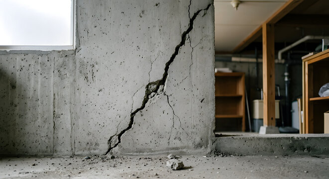 Diagonal crack in concrete foundation after earthquake in Japan